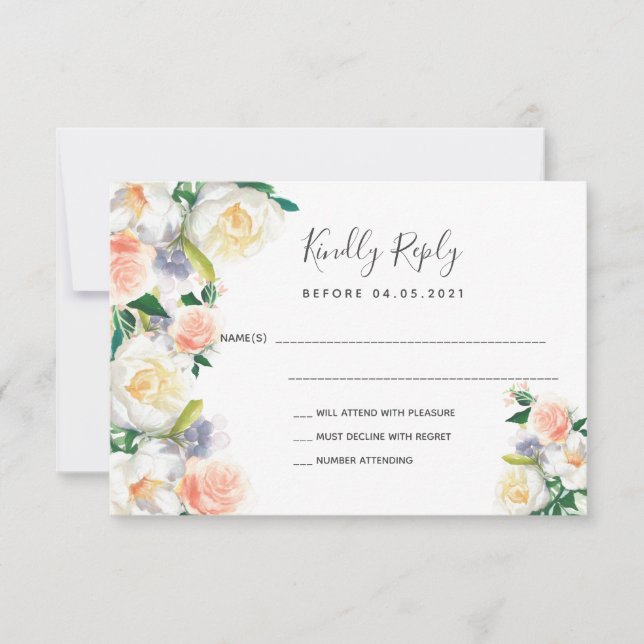 Wedding rose gold blush florals white RSVP (Front)