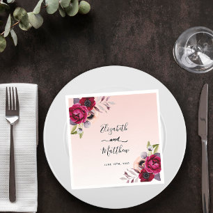 Wedding rose gold blush pink florals burgundy napkin