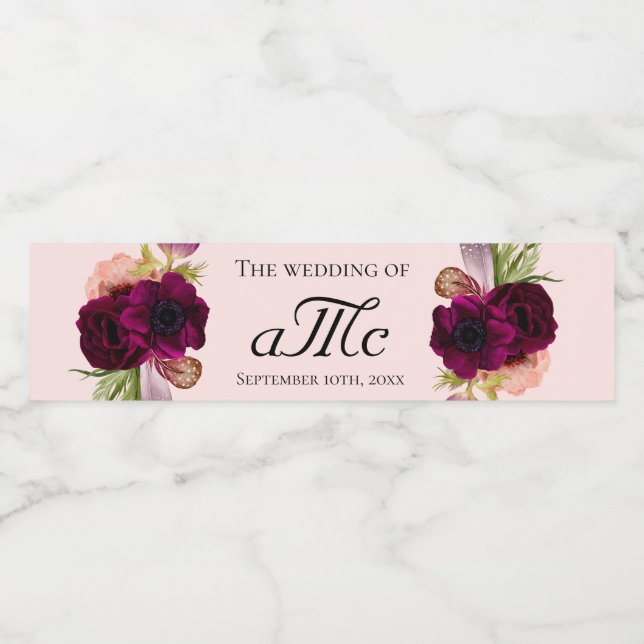 Wedding rose gold burgundy florals monogram water bottle label (Single Label)