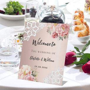 Wedding rose gold florals lace welcome sign