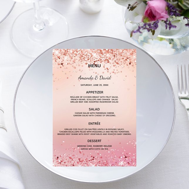 Wedding rose gold pink confetti menu card (Creator Uploaded)