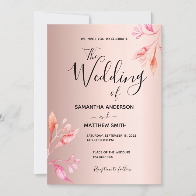 Wedding rose gold pink florals botanical modern invitation (Front)