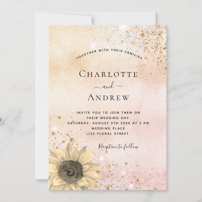 Wedding rose gold rustic sunflower glitter dust invitation (Front)