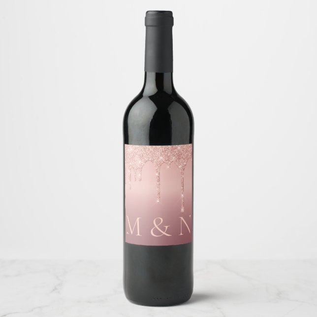 Wedding Rose Gold Sparkle Your Letters Wine Label (Front)