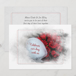 wedding roses and ice heart in textured frame invitation
