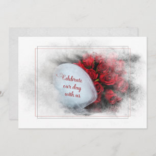 wedding roses and ice heart in textured frame invitation