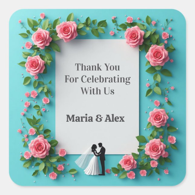 💖 Wedding Roses Bride and Groom Frame 🌷 Square Sticker (Front)