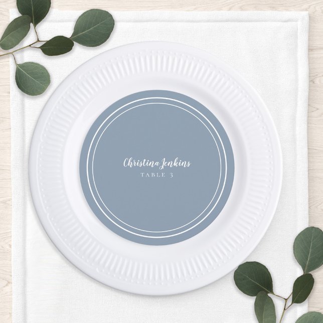 Wedding Round Custom Guest Dusty Blue Place Card (Elegant Wedding Minimalist Dusty Blue Round Custom Guest Dinner Table Place Card)