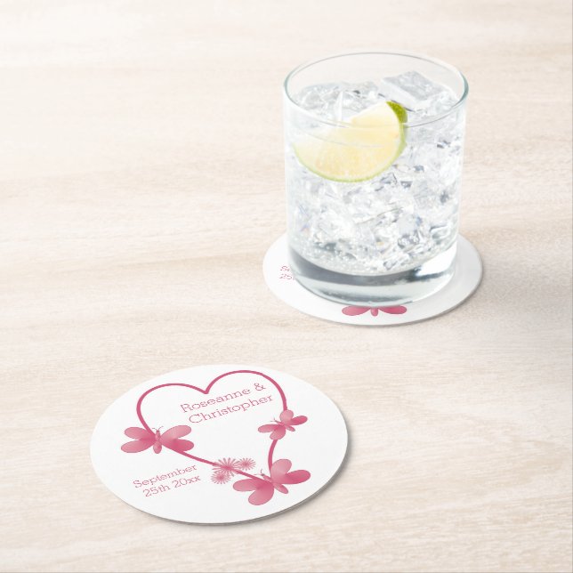 Wedding Round Paper Coaster Pink Heart Butterflies (Insitu)