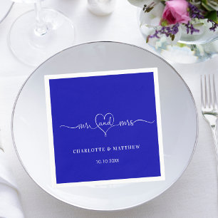 Wedding royal blue mr mrs heart script simple napkin