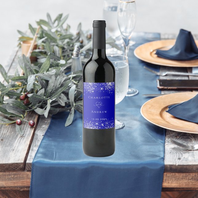 Wedding royal blue silver glitter bride groom wine label (Creator Uploaded)