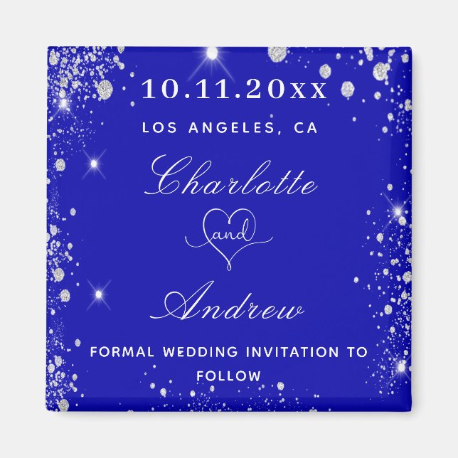 Wedding royal blue silver glitter save the date magnet (Front)