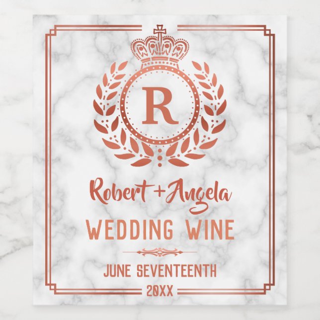 Wedding Royal Crown Laurel Wreath Marble Rose Gold Wine Label (Single Label)