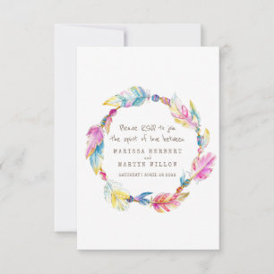 Wedding RSVP boho feather native tribal wreath Card
