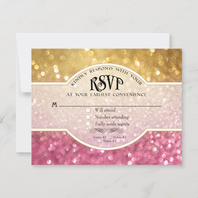 Wedding RSVP Bokeh Movie Ticket Style Gold Pink Card (Front)