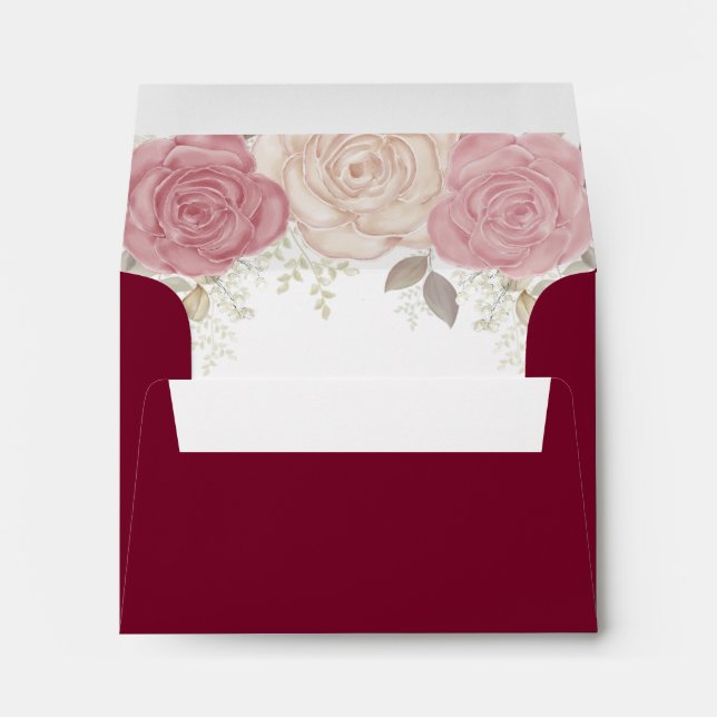 Wedding RSVP Burgundy Watercolor Floral Foliage Envelope (Back (Bottom))