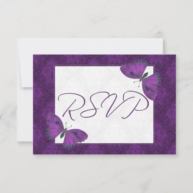 Wedding RSVP Butterfly Brocade Purple Card (Front)