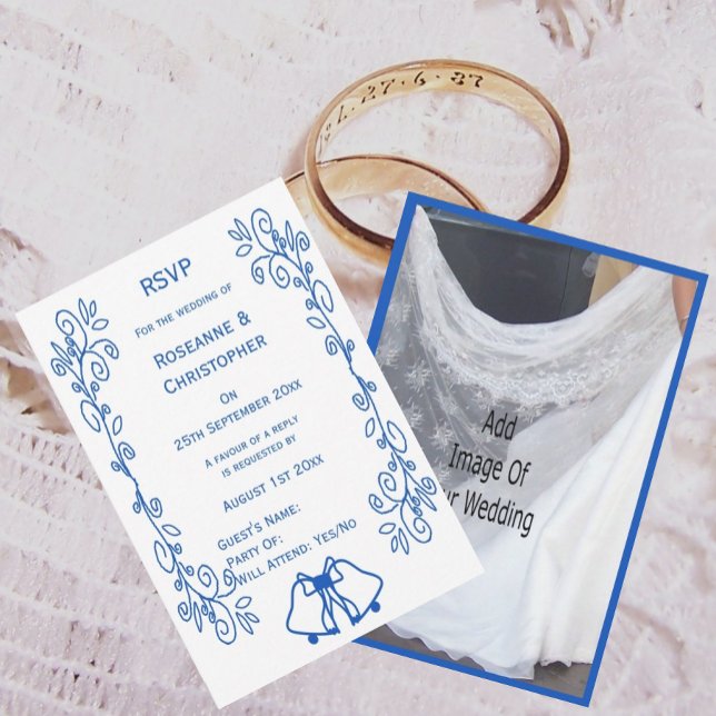 Wedding RSVP Card Blue Sapphire Bells Scrollwork  (Creator Uploaded)