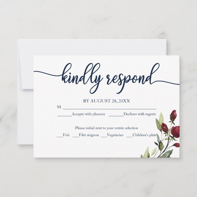 Wedding RSVP Card Burgundy Navy Blue Floral  (Front)
