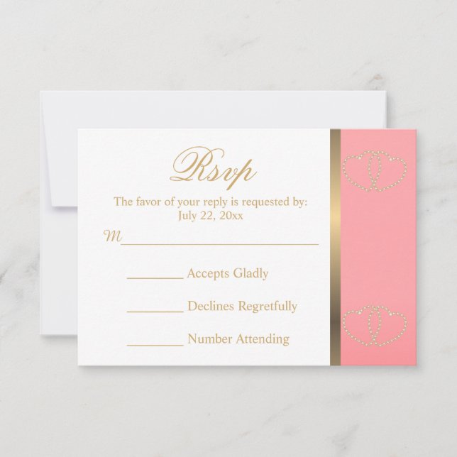 Wedding RSVP Card Coral and Gold Hearts (Front)