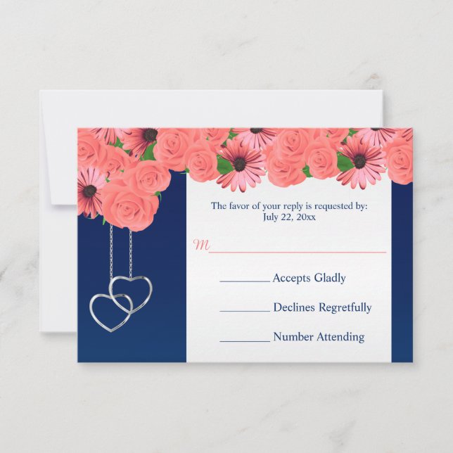 Wedding RSVP Card Coral Flowers and Navy Blue (Front)