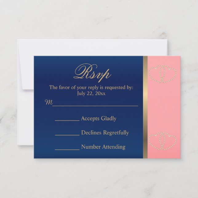 Wedding RSVP Card Coral & Navy with Gold Hearts (Front)