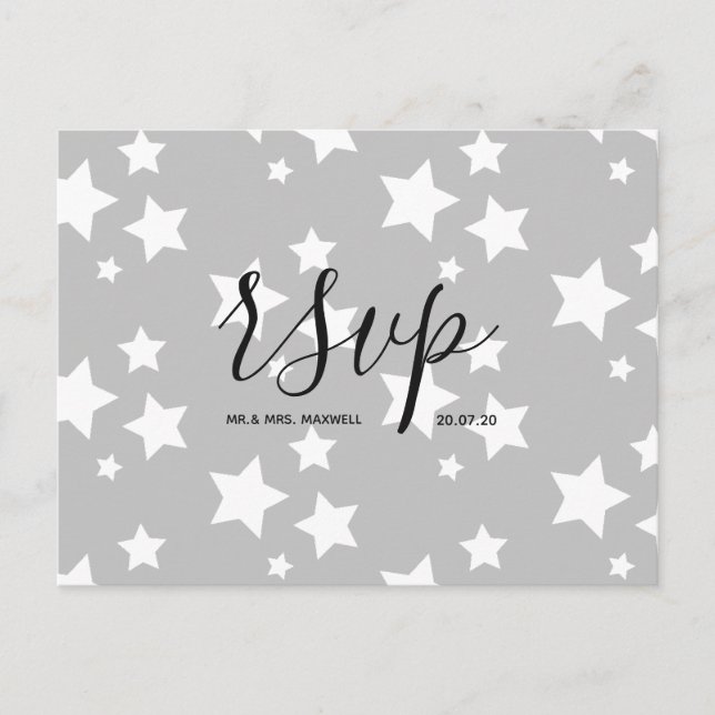 Wedding Rsvp card | Grey Stars Script Postcard (Front)