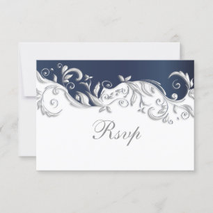 Wedding RSVP Card Navy Blue & White Floral Swirls