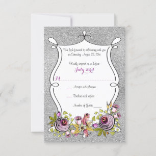 Wedding RSVP Card Plum, FAUX Silver Foil Floral