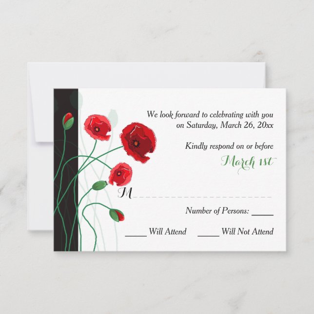 Wedding RSVP Card | Red Poppies | Black, Green (Front)