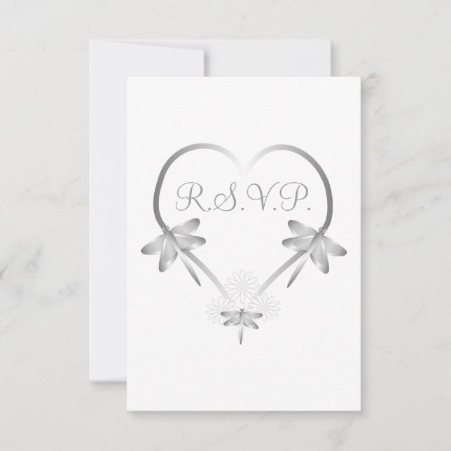 Wedding RSVP Card Silver Dragonflies Heart (Front)
