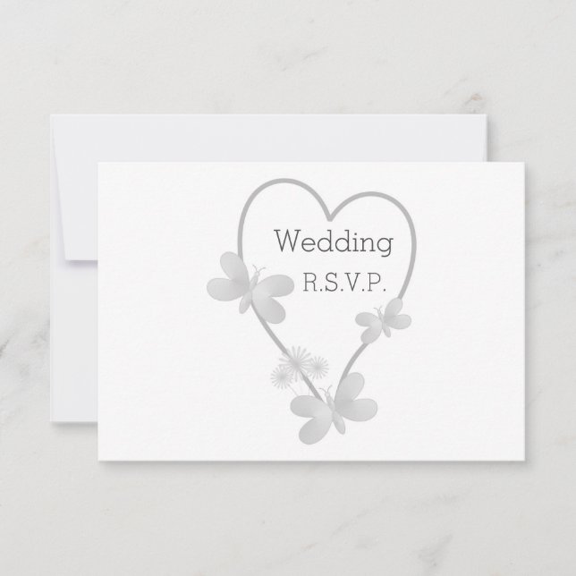 Wedding RSVP Card Silver Heart Butterflies (Front)