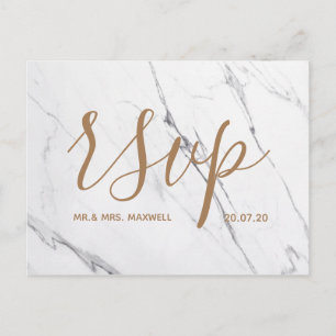 Wedding Rsvp card   White Marble Script Rose Gold
