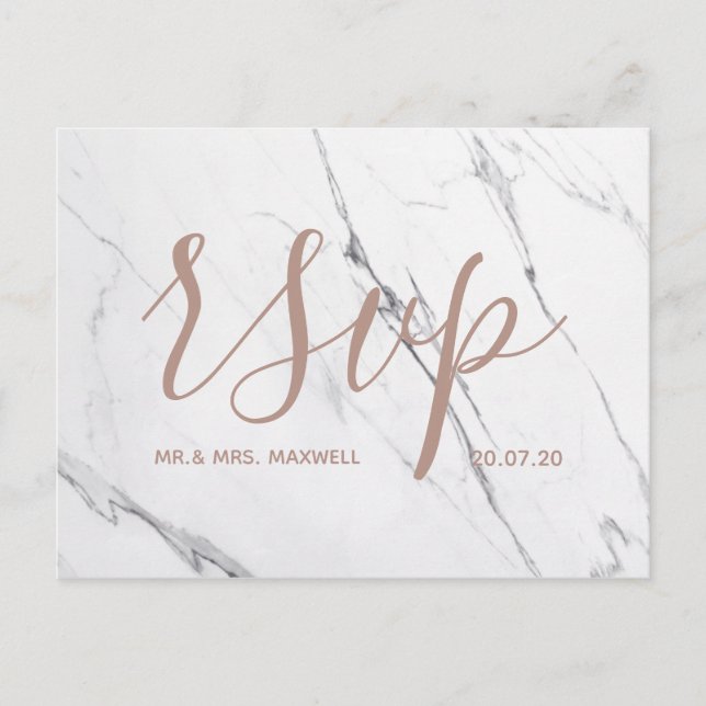 Wedding Rsvp card | White Rose Gold Marble Script (Front)