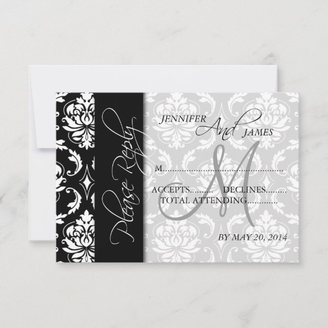 Wedding RSVP Cards Black Damask Monogram (Front)