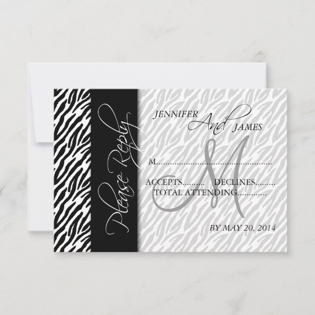 Wedding RSVP Cards Black Zebra Pattern Monogram (Front)