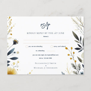 WEDDING RSVP CARDS Navy Blue Yellow Gold Floral