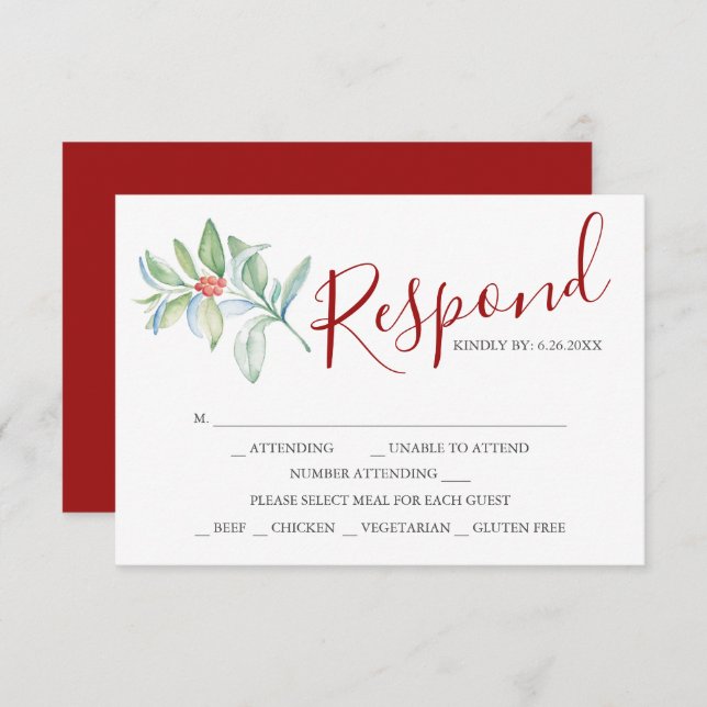 Wedding RSVP Cards with Meal Choice Red (Front/Back)