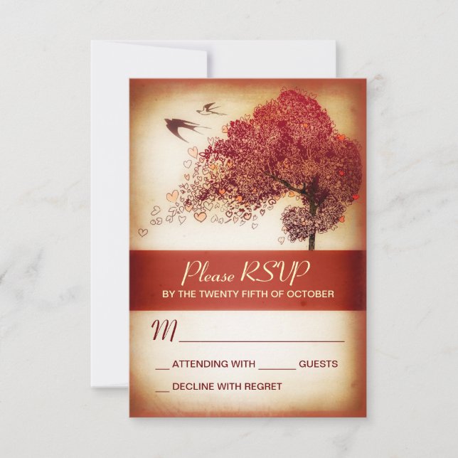Wedding RSVP cards with romantic love hearts tree (Front)