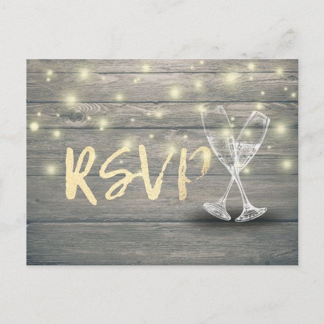 Wedding RSVP Champagne Glasses Wood String Lights Invitation Postcard (Front)
