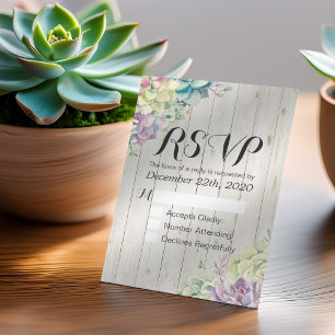 Wedding RSVP Chic Watercolor Succulent Rustic Wood Card