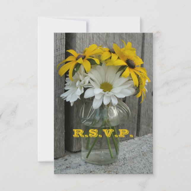 Wedding RSVP: Daisies, Black Eyed Susans, Barnwood RSVP Card (Front)