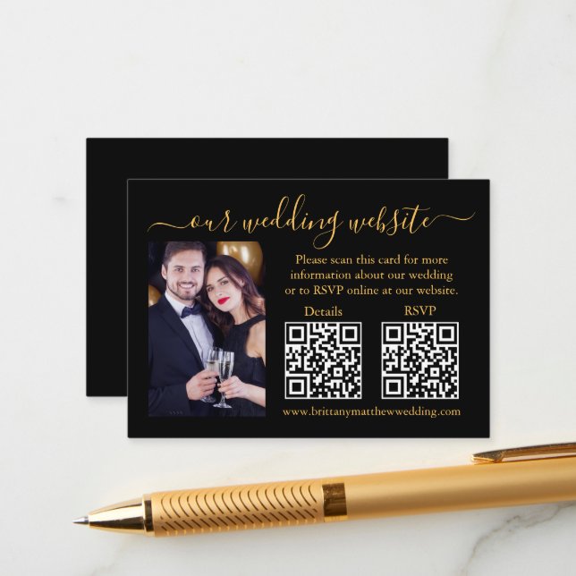 Wedding RSVP Details Photo 2 QR Gold Black Enclosure Card (Front/Back In Situ)