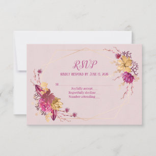 wedding RSVP floral bouquet with gold frame Card