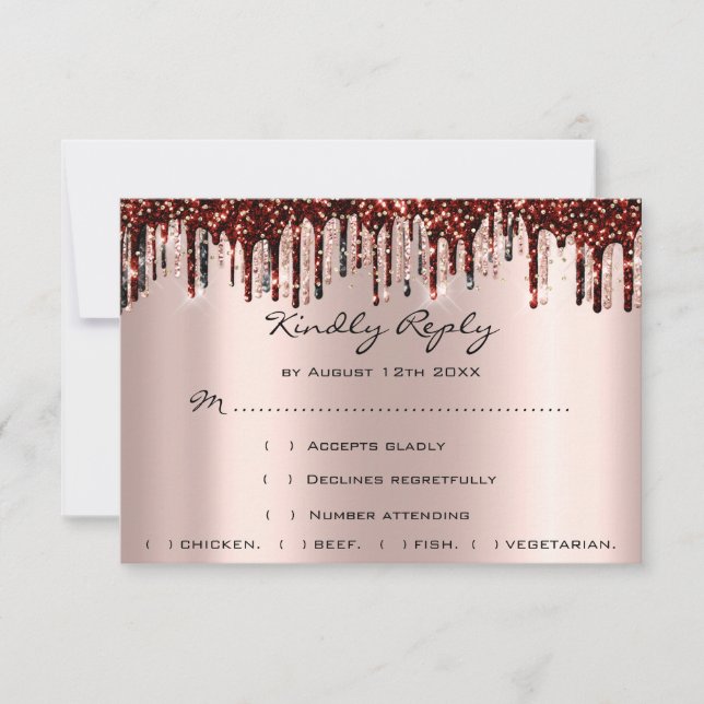 Wedding RSVP Gold Drips Burgundy Bridal Rose Card (Front)