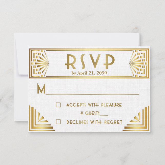 Wedding RSVP, Great Gatsby, gold on white RSVP Card (Front)