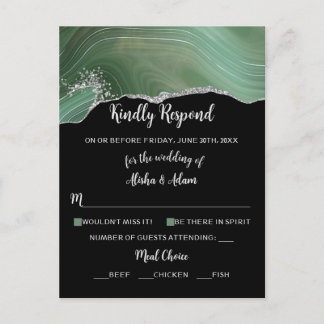 Wedding RSVP Green Agate Silver Glitter on Black Postcard