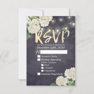 Wedding RSVP Hydrangea Flowers String Lights Blue Card