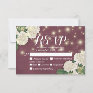 Wedding RSVP Hydrangea String Lights Burgundy Red Card
