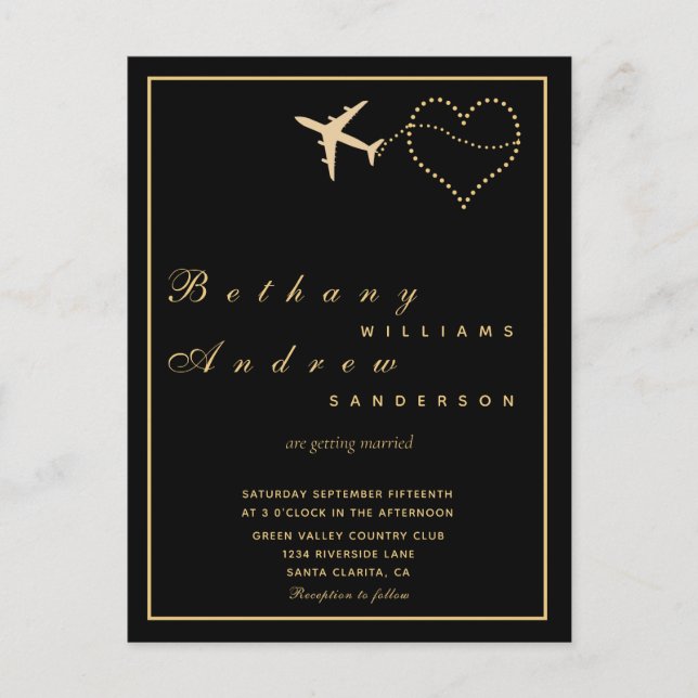 Wedding RSVP l invitation Black Gold All in One Postcard (Front)